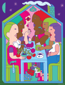 colorful Illustration of women sitting around a coffee table
